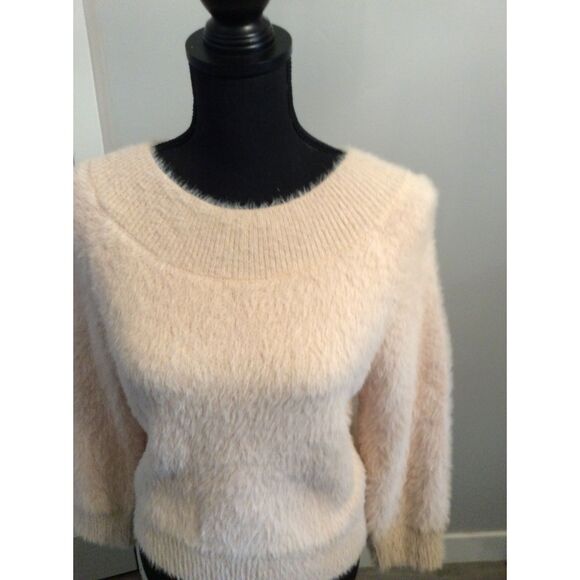 Mink Hair Blend Dark Cream fuzzy SOFT Sweater Main Strip Large L - Picture 3 of 5